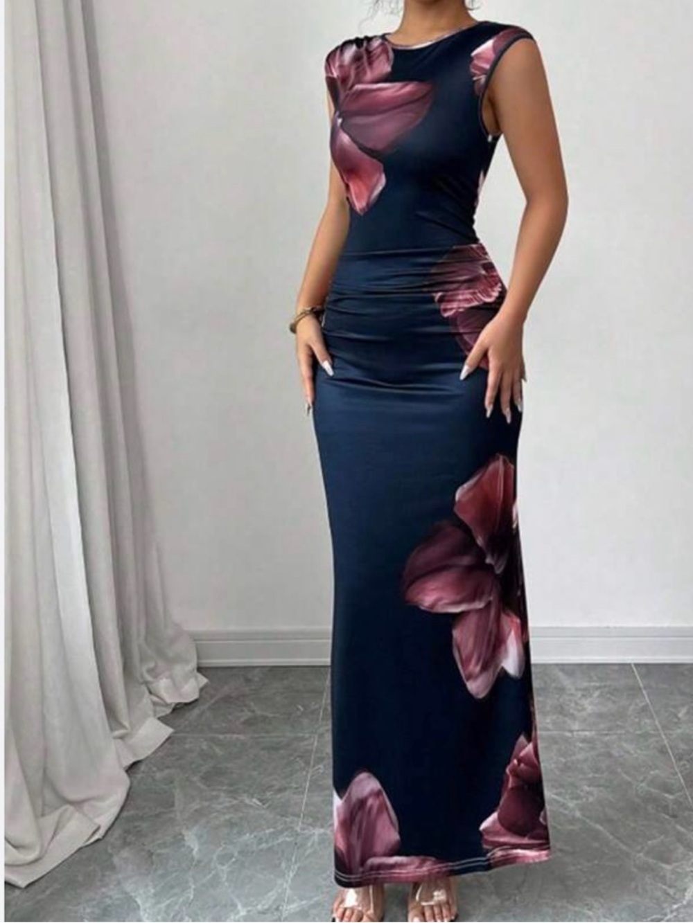 SHEIN Black Red Floral Maxi Dress Size Large Spring wedding guest dress